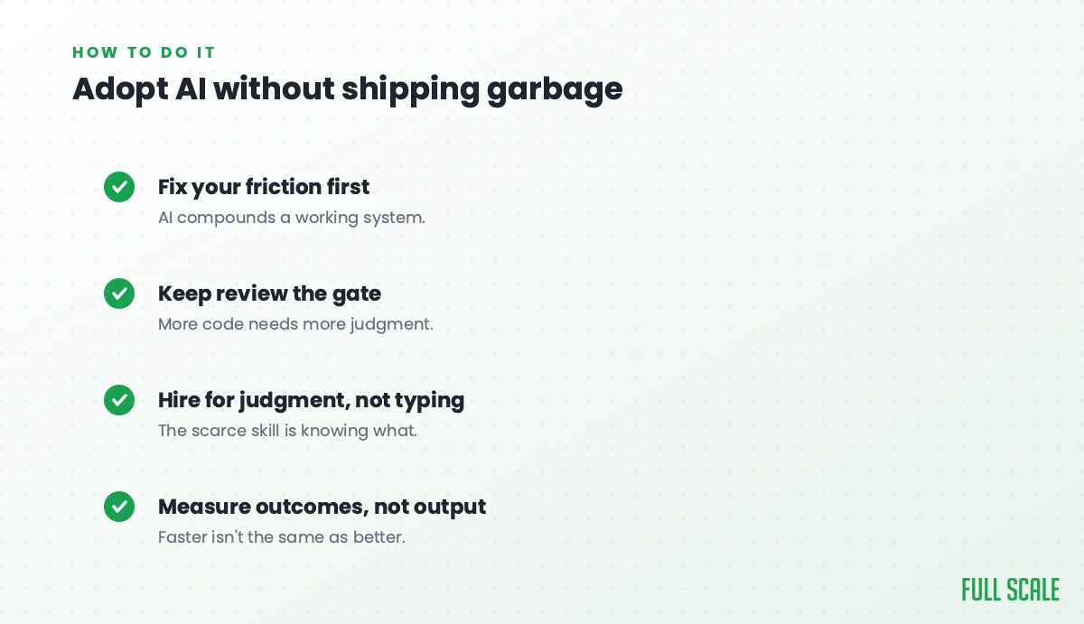 How to adopt AI without shipping faster garbage: fix your friction first since AI compounds a working system, keep review as the gate because more code needs more judgment, hire for judgment rather than typing since knowing what to build is the scarce skill, and measure outcomes rather than output because faster isn't the same as better.